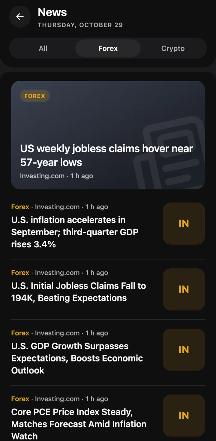 Market news feed in the app
