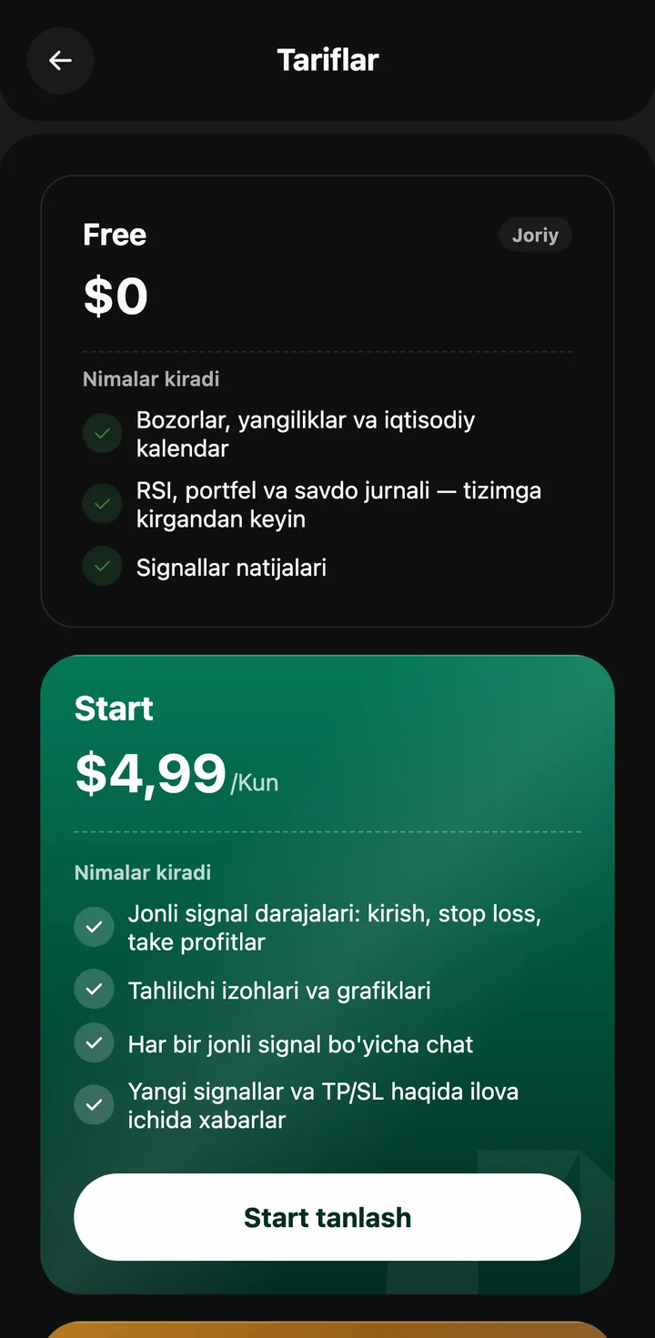 Ilovadagi "Tariflar" ekrani: bepul reja va tariflar